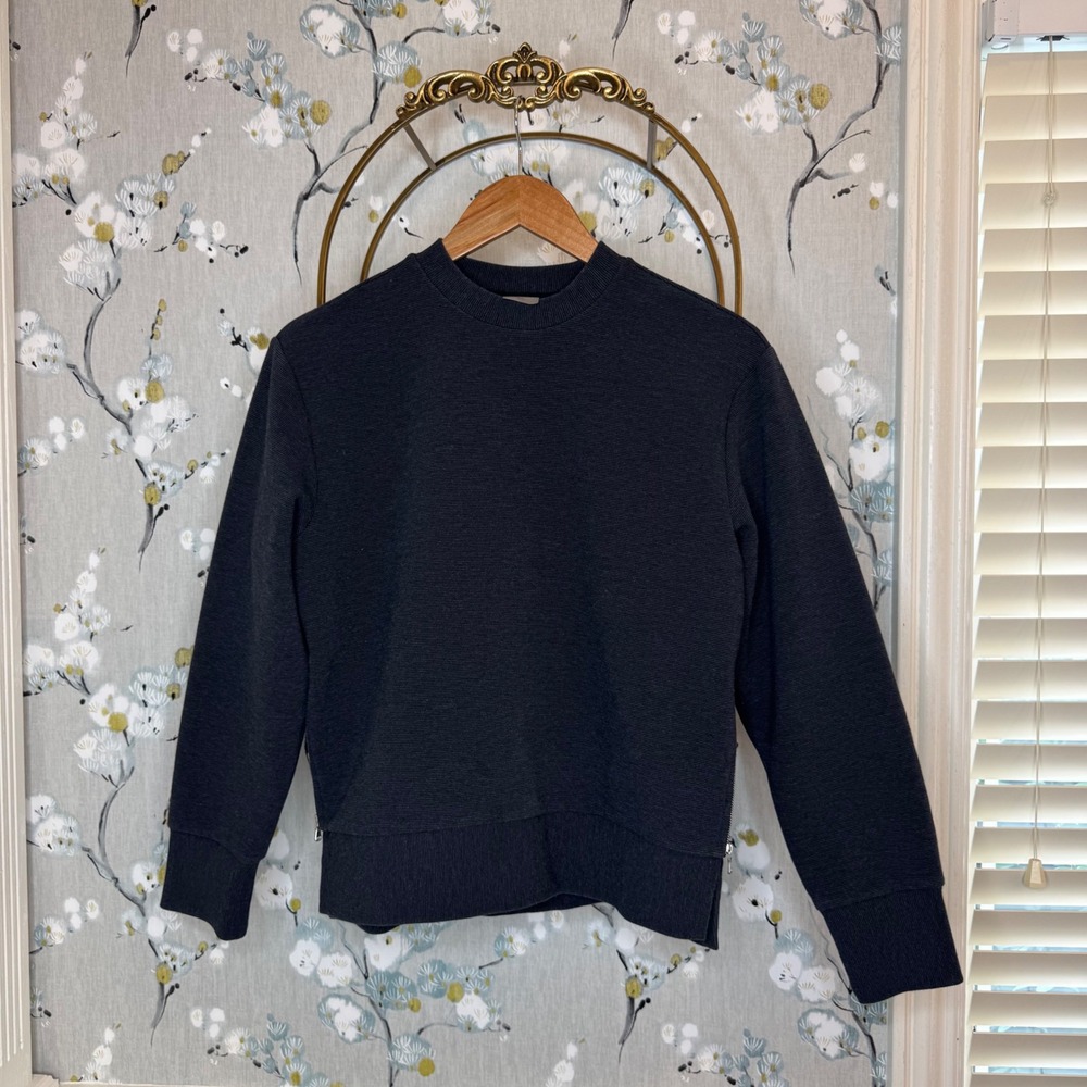 Calia Womens Side Zip Textured Rib Knit Crewneck Sweatshirt Charcoal Gray XS
